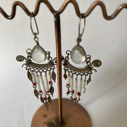 Hippie Dangle Earrings with Center Crystal Tear Drops and White and Red Beads 