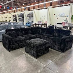 ✅️✅️️✅️4 pc Black  cordury fabric upholstered sectional sofa with ottoman✅️✅️