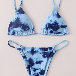 Medium Blue  2 Piece Tie Dye Triangle Bikini Sets Tie Back Bathing Suit Spaghetti Strap Swimsuit