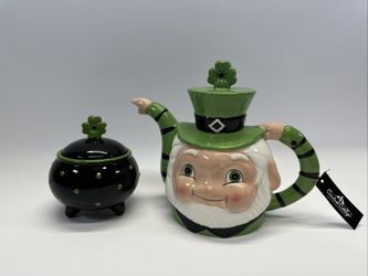 Johanna Parker Leprechaun Tea Pot & Sugar Bowl W/ Lids~Magenta Carnival Cottage