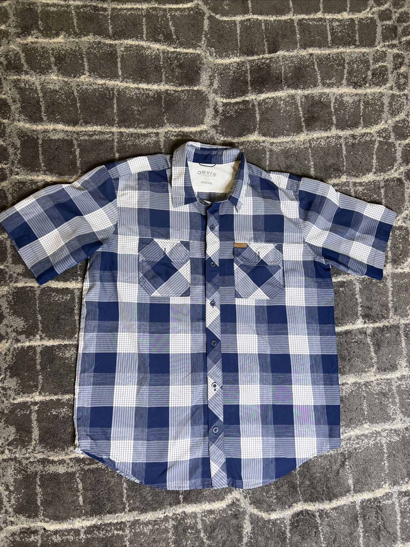 Orvis Plaid Short Sleeve Button Down Shirt Classic Collection Mens Size L - Blue