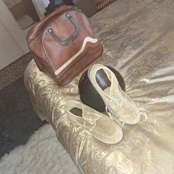 Vintage Brown Brunswick Bowling Bag, Shoes And Ball