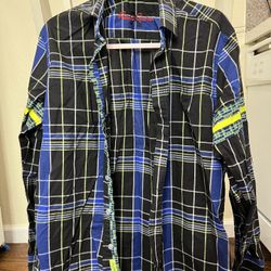Robert Graham men's black, blue, and lime green plaid long-sleeve button-up shirt.