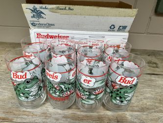 Vintage 90s Set of 8 Indiana Glass Budweiser anheuser  busch frog glasses in box