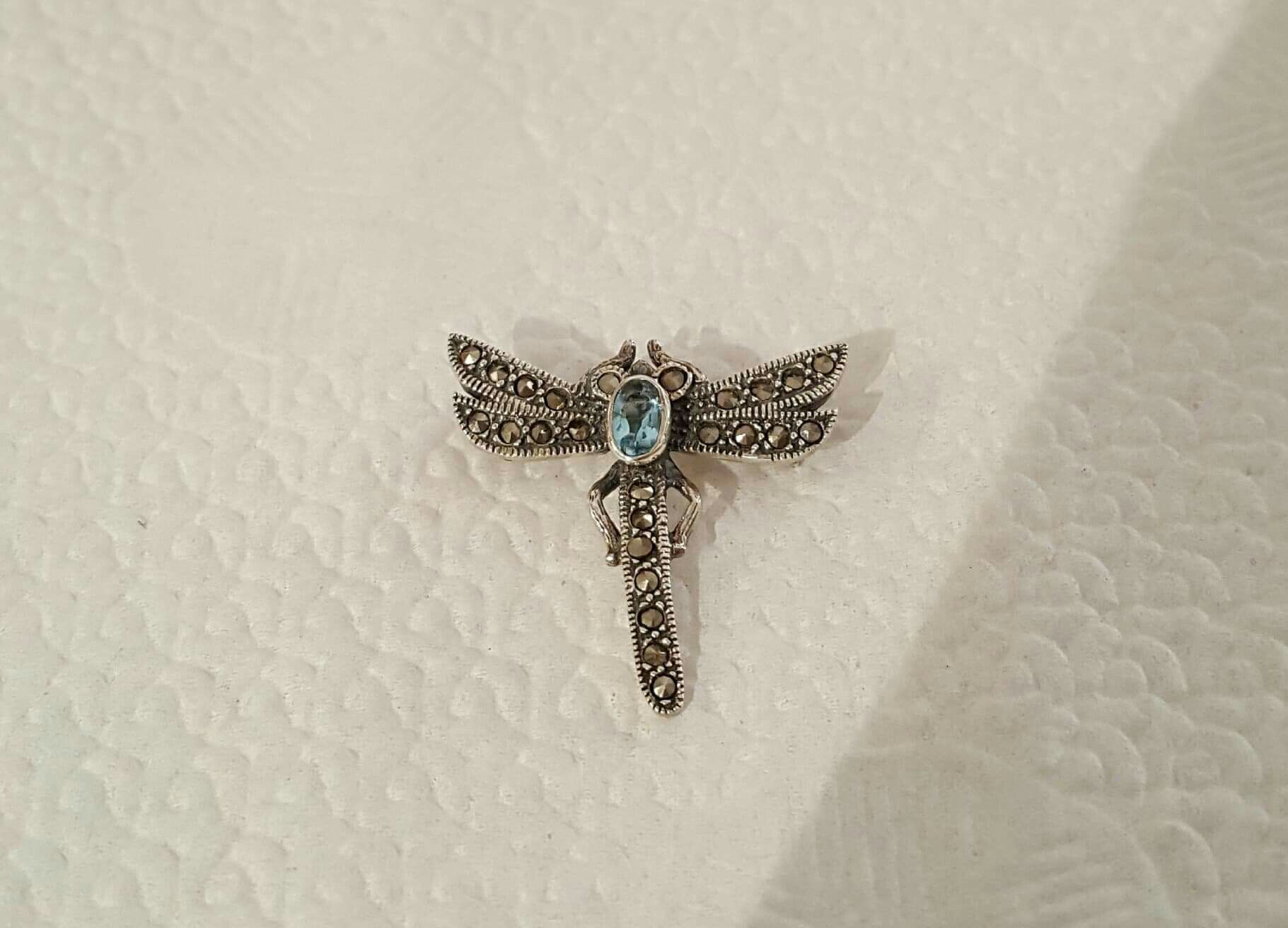 Genuine 1.1x1.0 Inch .925 Solid Sterling Silver Crystal Blue Topaz Dragonfly Pin.