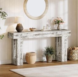 63-Inch Long Console Table, Farmhouse Wooden Sofa Table Behind The Couch, Narrow Entryway Table(Distressed White)