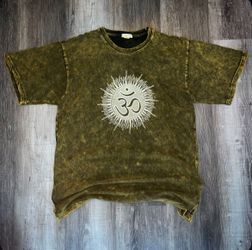 Yak & Yeti Olive Green Stone Washed “Om” symbol graphic tee