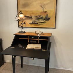 Vintage-Style Secretary Desk – Solid Wood Top – Black & Oak Finish