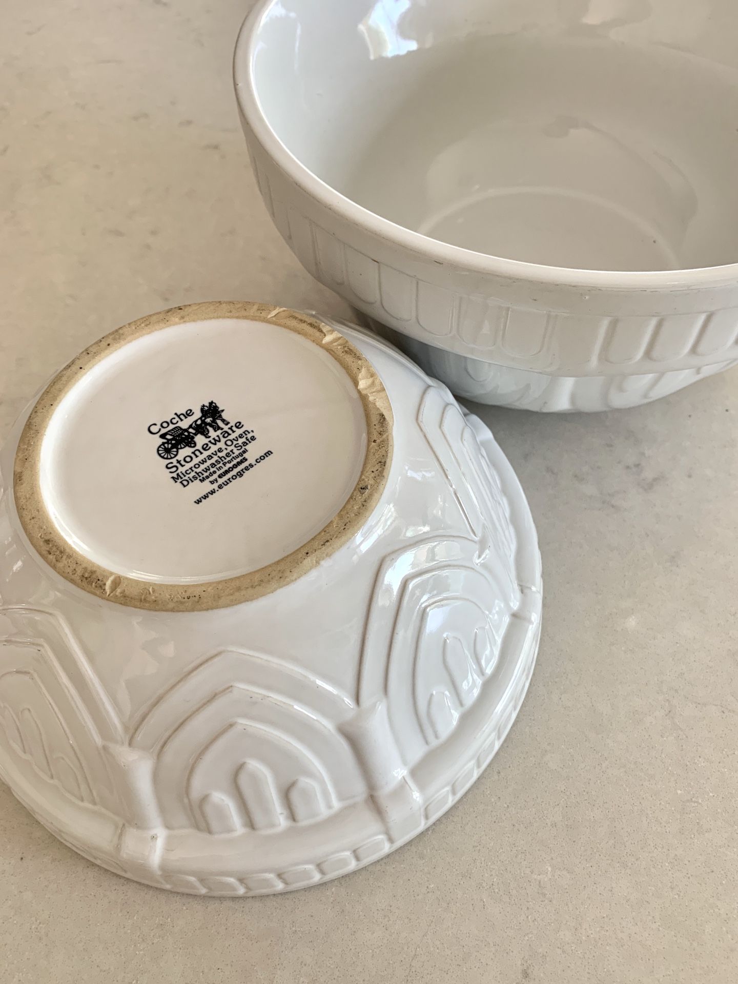 Set of 2 EXCELLENT CONDITION Coche Stoneware by Eurogres White Patterned Mixing Bowl - 9” & 10”