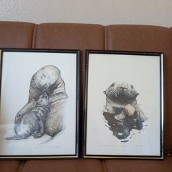 2 Signed And Numbered Prints Sea life Otter Sea Lions Mid Century