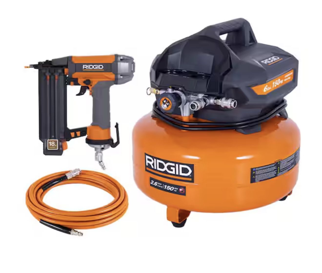 RIDGID 6 Gal. 150 PSI Portable Electric Oil-Free Jobsite Pancake Air Compressor with 25 ft. Air Hose and 18GA Brad Nailer