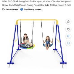 Swing Sets for Backyard, Outdoor Toddler Swing with Heavy-Duty Metal Stand, Swing Playset for Kids, 440lbs, Saucer & Belt