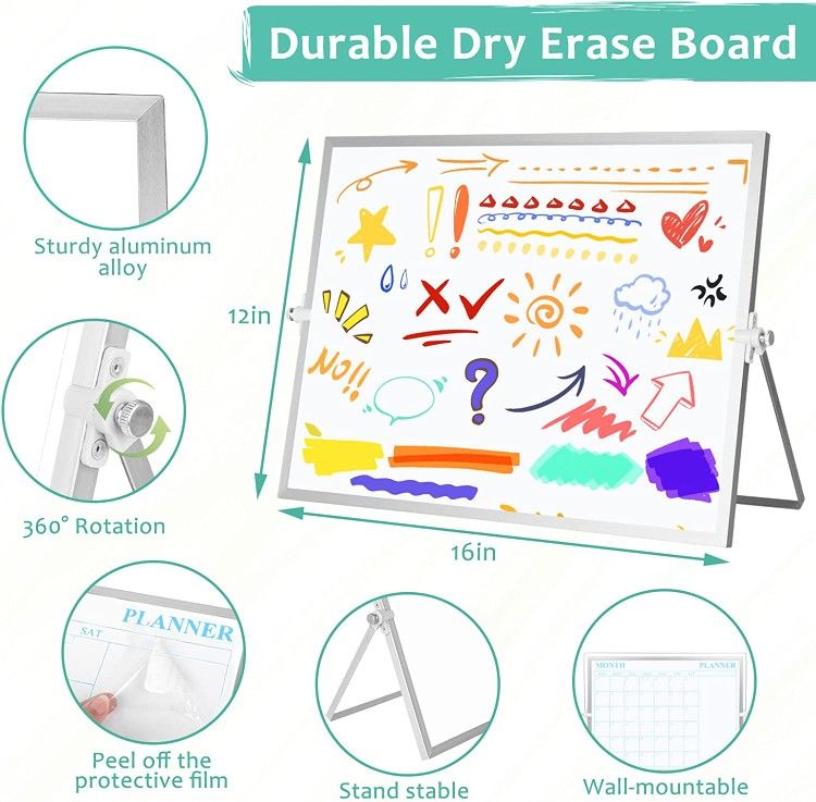 NEW Double-Sided Dry Erase Board, Dry Erase Calendar 16’’x12” Magnetic Desktop Whiteboard w/ Stand