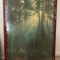 Vintage Rustic Forest Art With Carved Wooden Frame