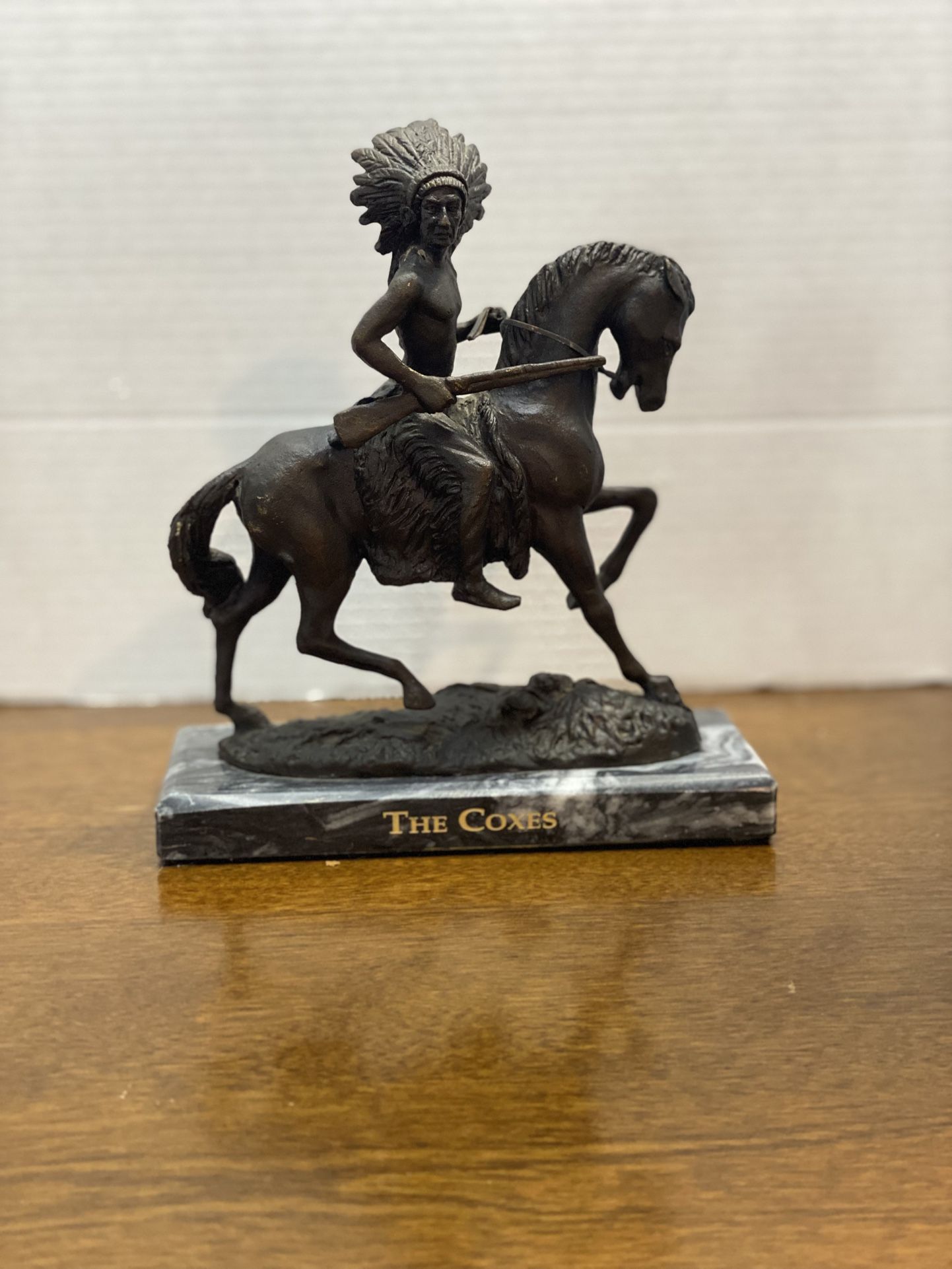 “Indian Chief On Horse” Bronze Statue Mounted On A Marble Base Native American Warrior On Horseback