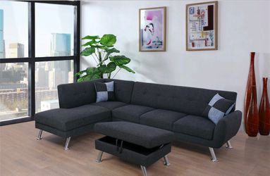Brand New Dark Grey Linen Sectional With Storage Ottoman & 2 Decorative Pillows