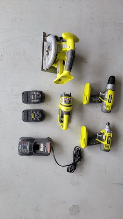 4 Ryobi tools with 2 batteries and 1 charger.
Everything works fine.
Ryobi P271 is an 18V ONE+ brushed 1/2-inch drill/driver
Ryobi P234G is a 18V ONE+