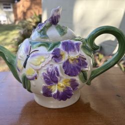 Purple Iris Floral Butterfly Formalities by Baum Bros Majolica teapot