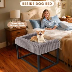 Beside Dog Bed,Adjustable Height Dog Bunk Beds,27.5''x 18''Metal Dogs Bed Frame with Washable Removable Corduroy Cover,Memory Foam Pet Bed with Sides,