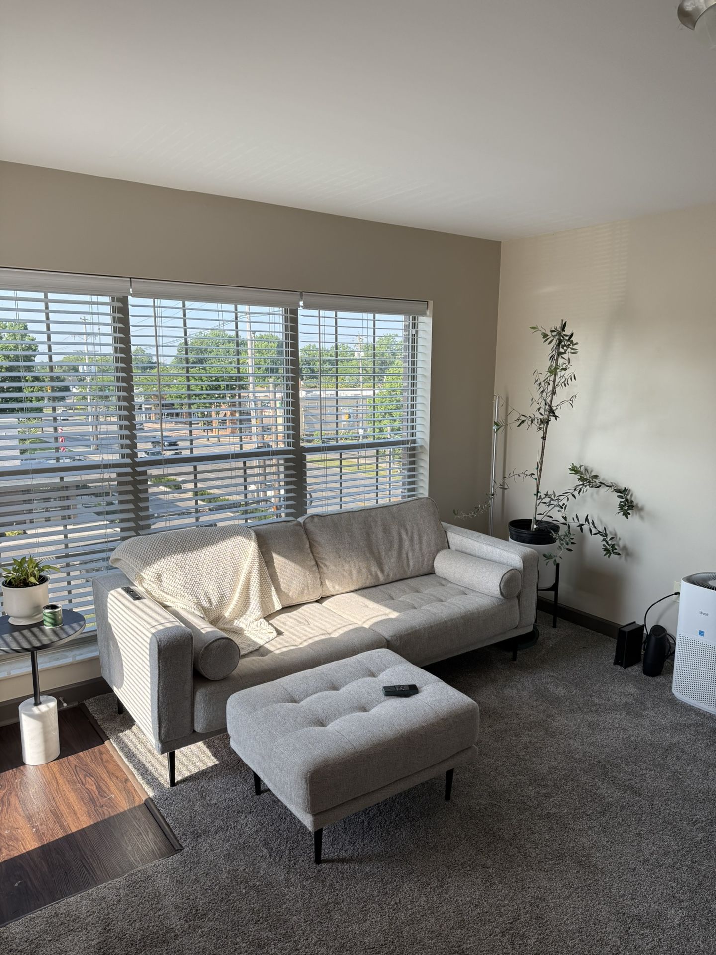 Signature Design by Ashley Caladeron Mid-Century Modern Chenille Sofa With Ottoman, Off-White