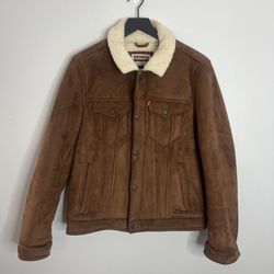 Levi’s Sherpa Trucker Jacket Faux Suede Mens Small Cognac Brown