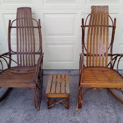 PAIR Traditional Amish Rocking Chairs and footstool/table