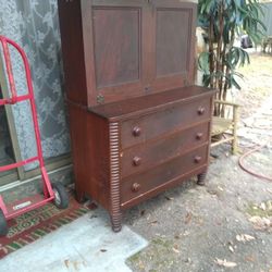 Antique Secretary With Key Locked Drop Down Top