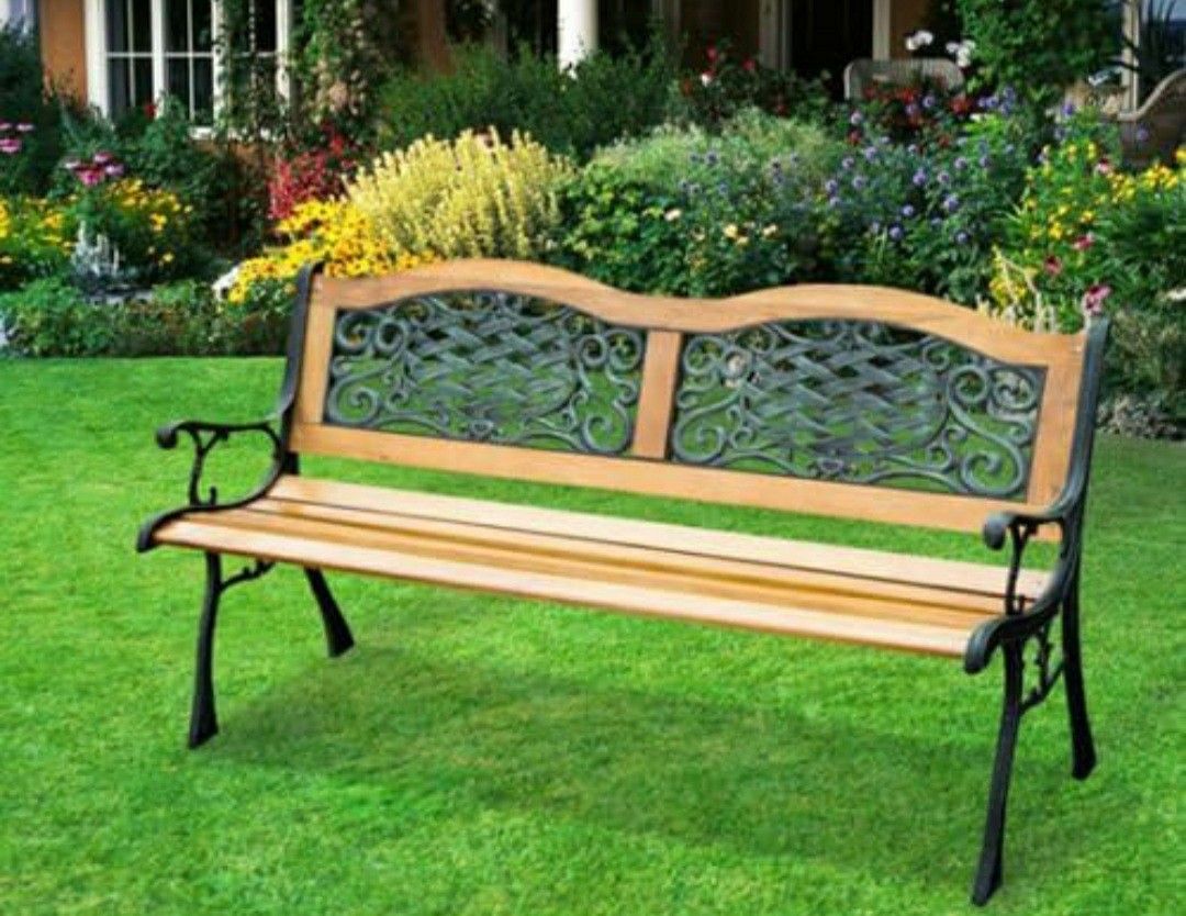 Outdoor Patio Garden Hardwood Slats Bench Furniture Cast Iron Frame