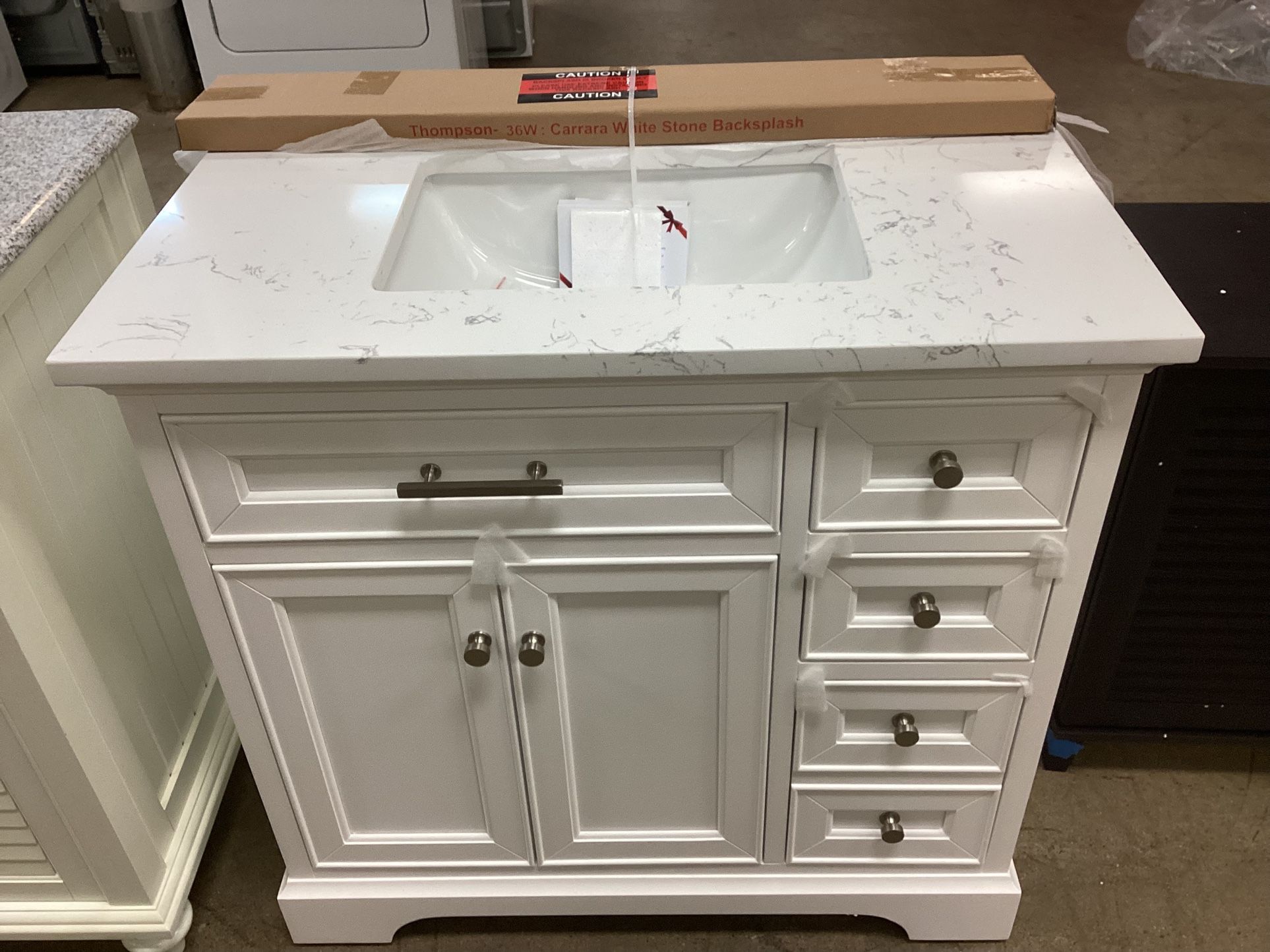 Thompson 36 in. W x 22 in. D Bath Vanity in White with Engineered Stone Vanity in Carrara White with White Sink