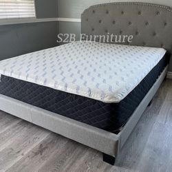 Full Grey Burlap Tufted Bed With Ortho Mattress Included!!