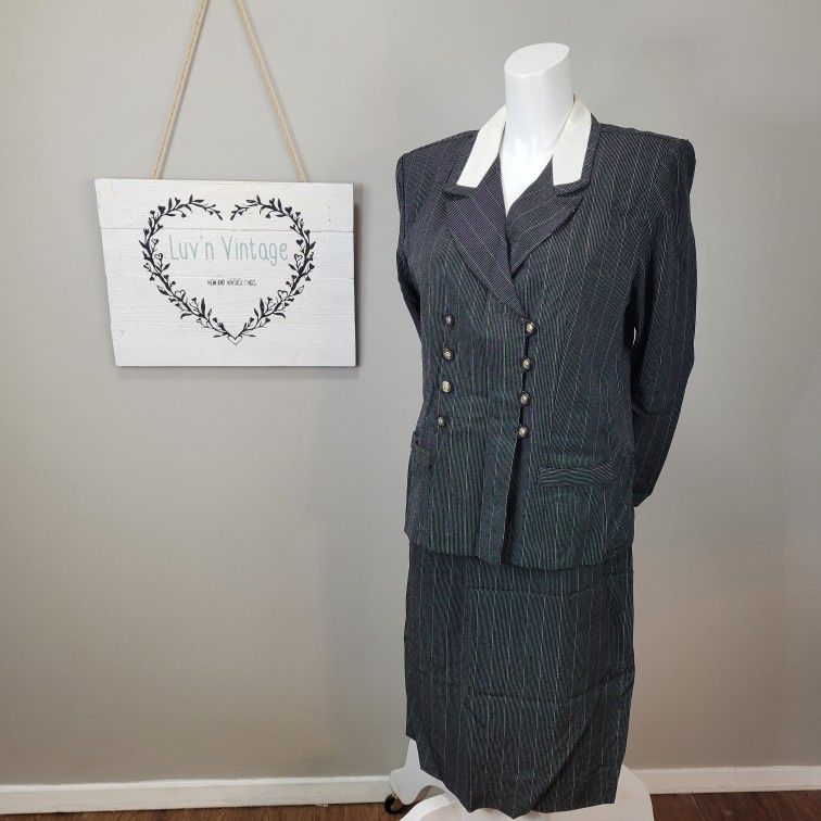 Vintage Perceptions Pinstripe Skirt Suit Double Breasted White Collar Size 14