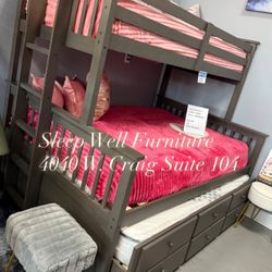 🛏️ Brown Twin-Over-Full Pullout Bunk Bed – Space-Saving Comfort 🛏️