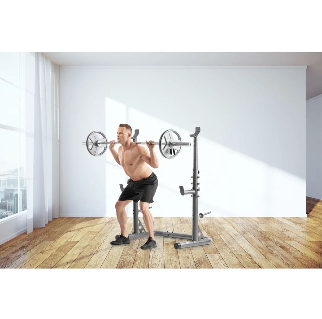 Squat Rack And Bench Press With Leg Station