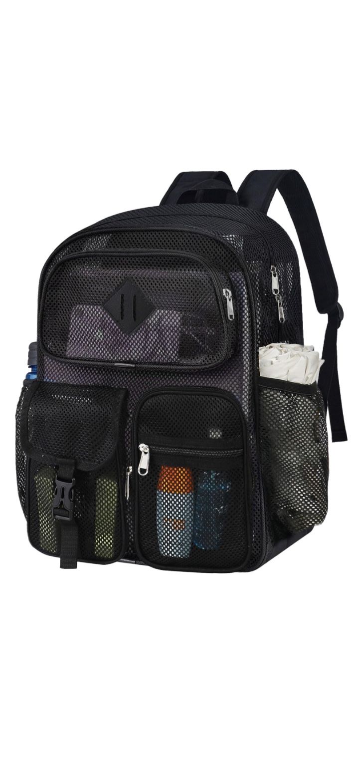 Mesh Backpack, See-Through Multi-Compartment Mesh  40L  Large Capacity for School Beach Outdoor Hiking with Padded Strap(Black)