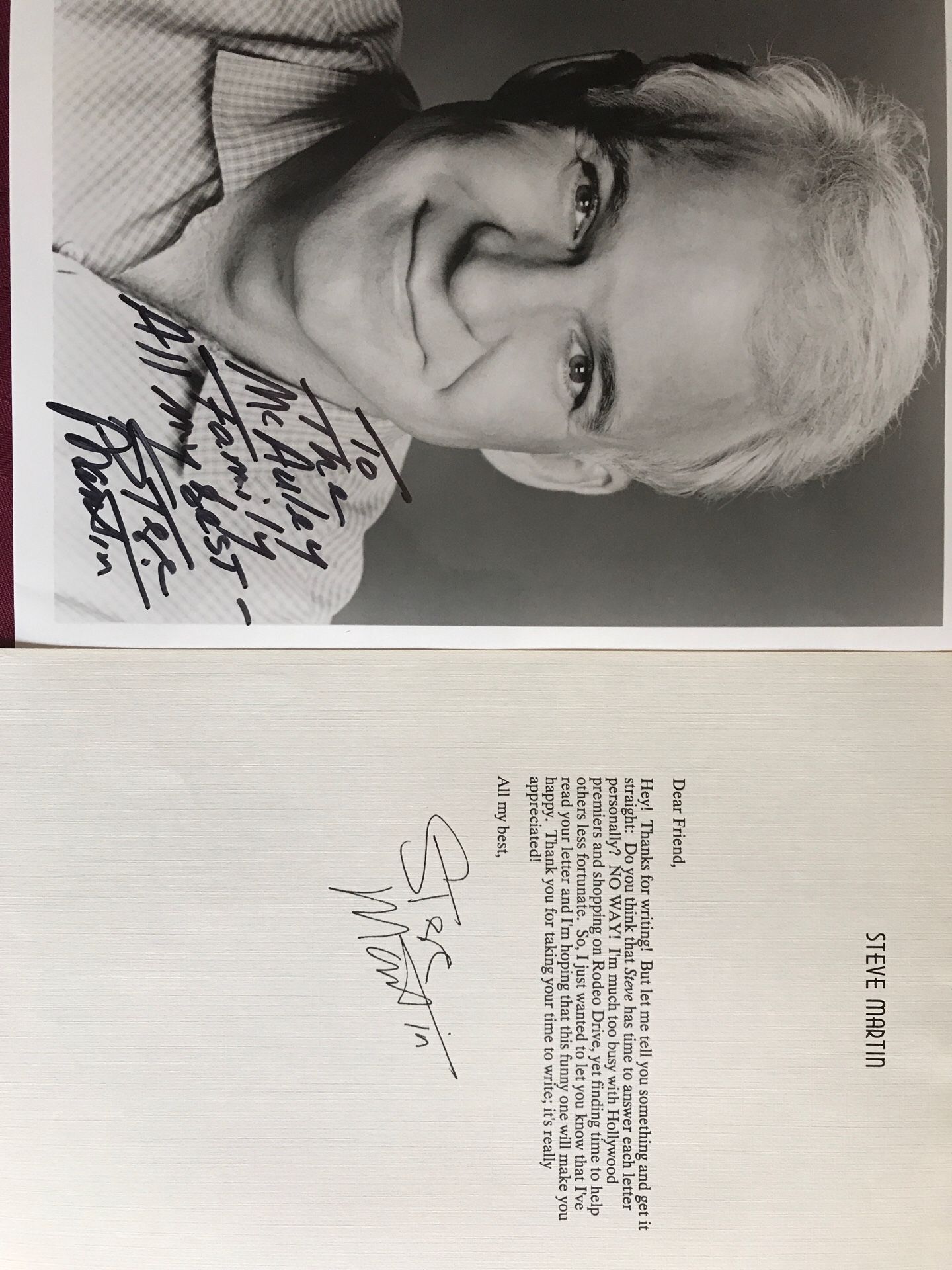 Steve Martin comedian hand signed black and white 8“ x 10“ autographed photo and signed funny letter in near mint condition