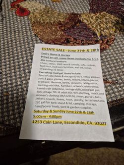 Estate Sale! June 27th & 28th, Escondido, Ca.