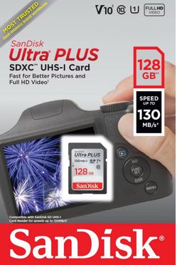 SanDisk Ultra PLUS 128GB SD Card: High-Speed Memory for Cameras, 130 Mbps Transfer Rate