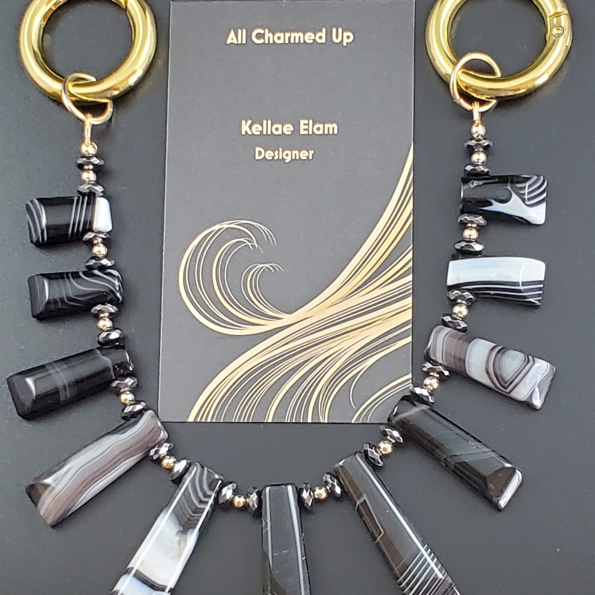 Black Striped Agate Fan Handbag Jewelry