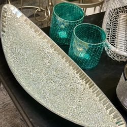Long Mirrored and Crackled Glass Decorative Tray 22”x8”