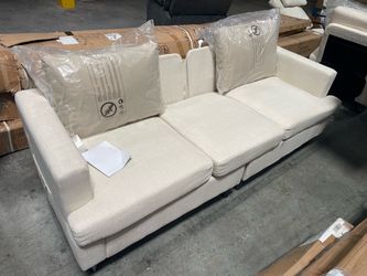 3-Seat Cream Fabric Sofa with Throw Pillows