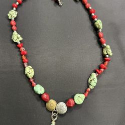 Beaded Necklace with Red Coral And Magnesite