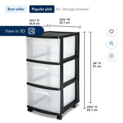 3 Drawer Plastic Cart, Black with Clear Drawers