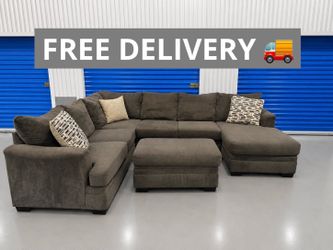 Grey sectional couch with ottoman, free delivery