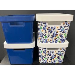 Set of 2 Plastic Stackable Storage boxes, (2) Blue. 1 w/ lid $10, 1 w/o lid $7. $15 both. Floral has sold