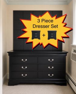 Black Solid Wood 6-Drawer Dresser + Matching Nightstand Set (Excellent Condition)