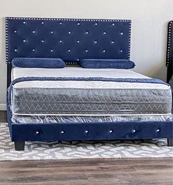 BRAND NEW KING SIZE BLUE BED FRAME WITH NEW MATTRESS/FAST DELIVERY