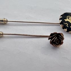 Vintage Gold Tone Hat Stick Pin/Brooch Rose Flower marked 14K  Plated Yugoslavia  and Enameled Leo Zodiac Stick Pin/Brooch Gold Tone/Black 