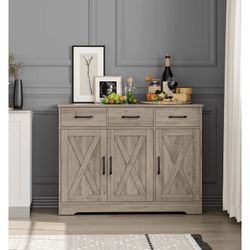 42.5'' Kitchen Buffet Sideboard Cabinet, 3 Drawers Farmhouse Barn Doors Wood Coffee Bar Storage Cabinet with Adjustable Shelf, Wash Gray