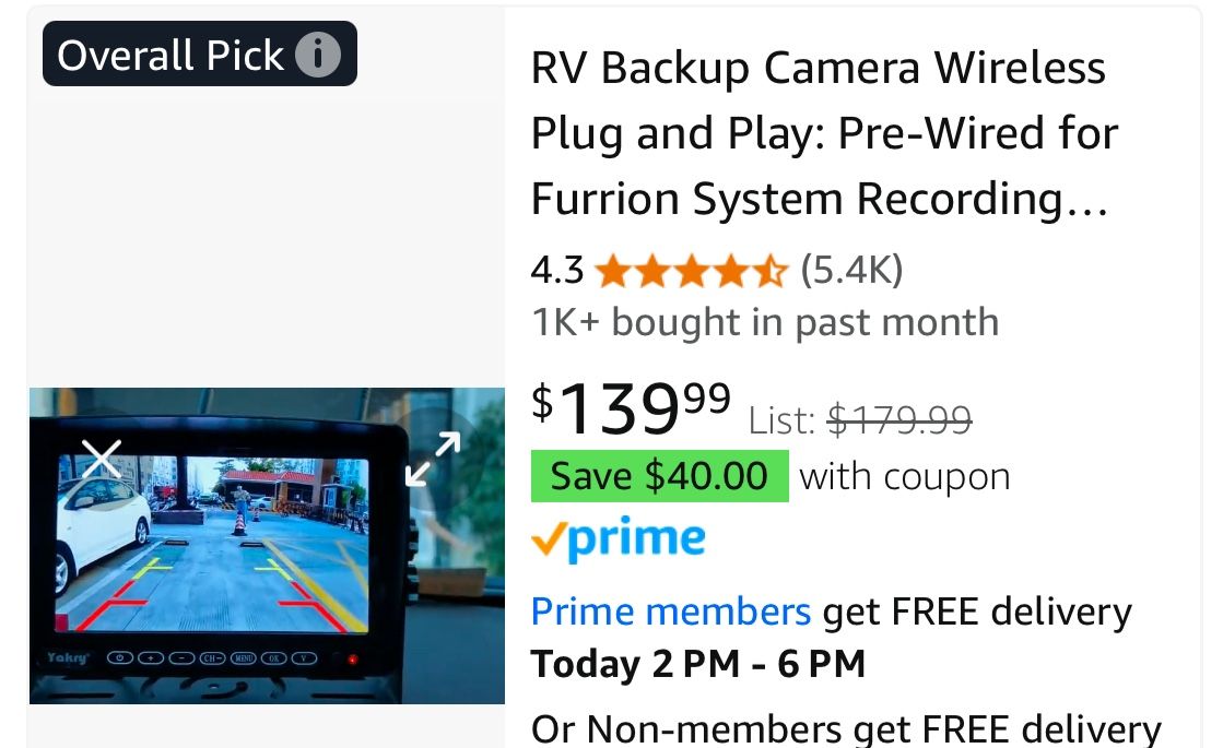 RV Backup Camera Wireless Plug and Play: Pre-Wired for Furrion System Recording Wide View Rear View Camera Clear Night Vision HD 1080P