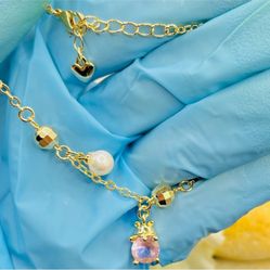 NEW 18K Yellow Gold Plated Charm Bracelet w/ Simulated Pearl & Pink Crystal CZ